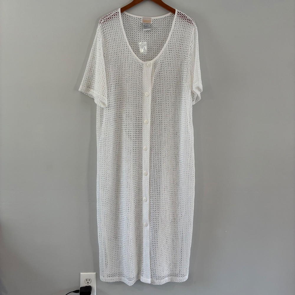Roaman's Duster Cardigan L Crochet Knit Button Front Beach Coverup Boho Coastal